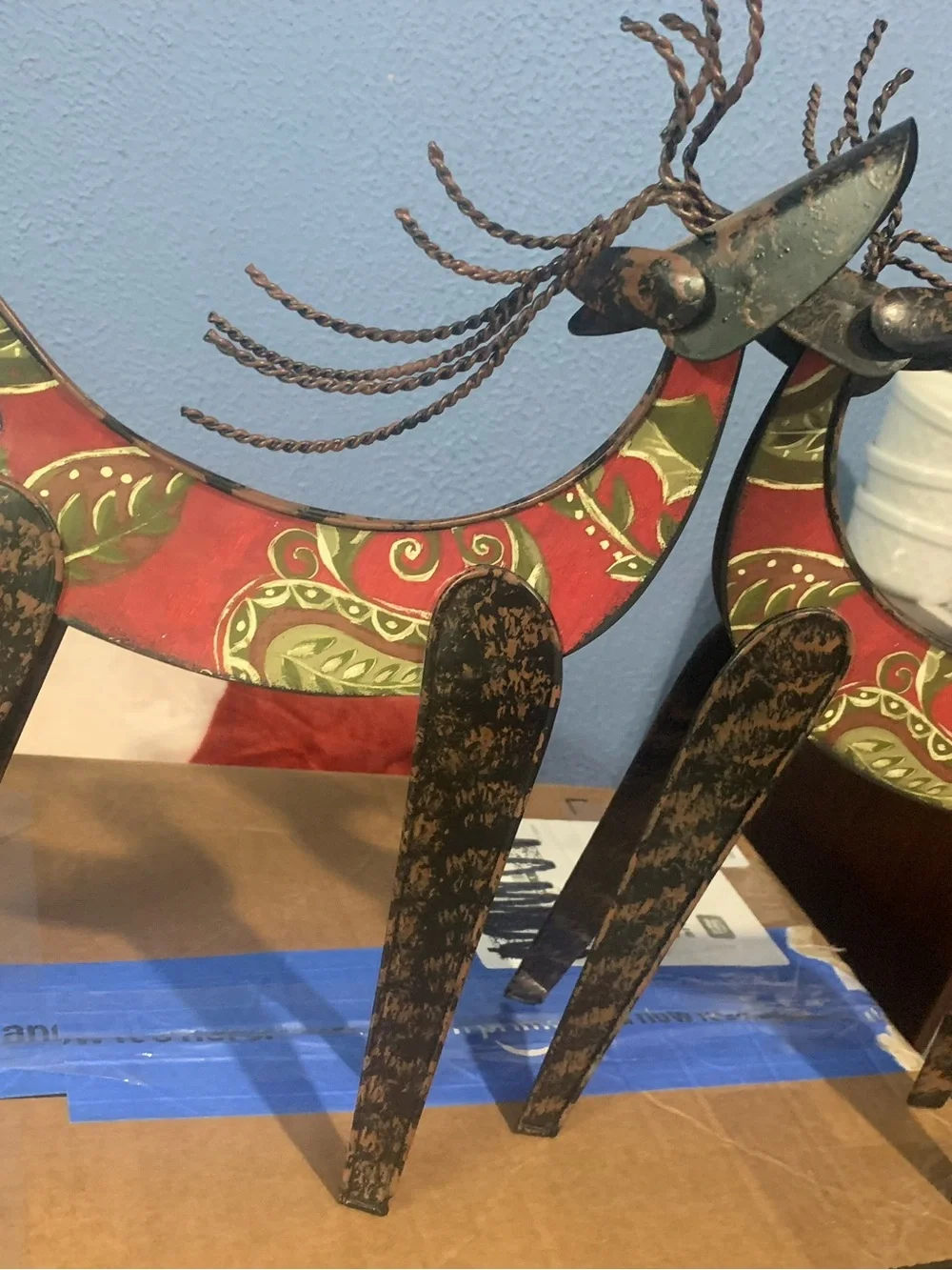 Two Rustic Holiday Reindeer Metal Unique Standing For Mantel or Table